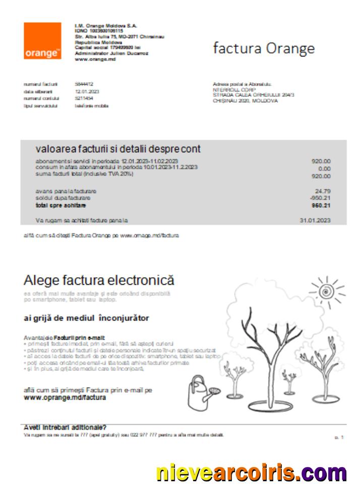 Moldova Orange Factura Utility Business Bill, SCR Sample