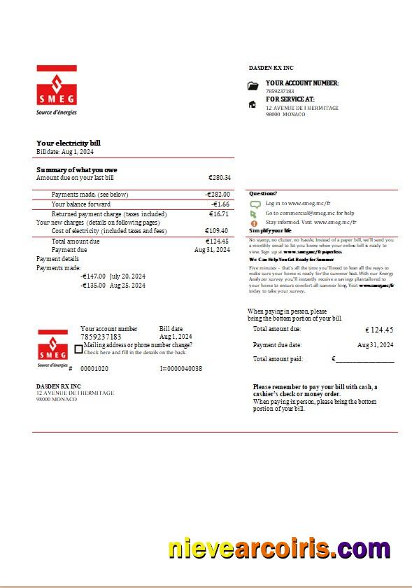 Editable Monaco SMEG Electricity Business Utility Bill Template In Word And PDF Formats