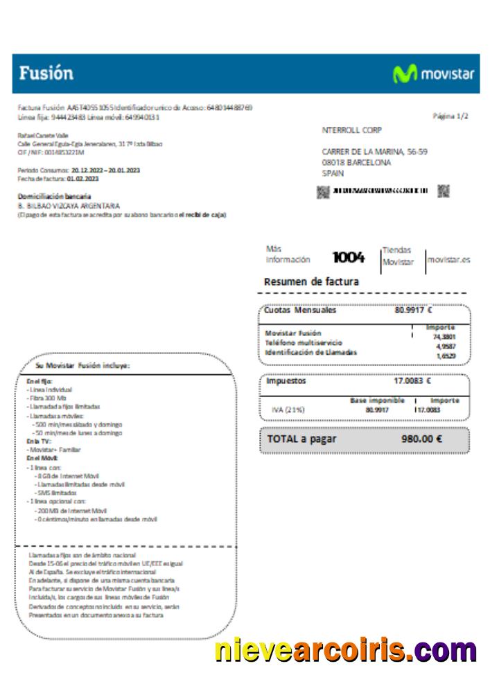 Movistar Fusion Telecom Operator Utility Business Bill, SCR Photolook