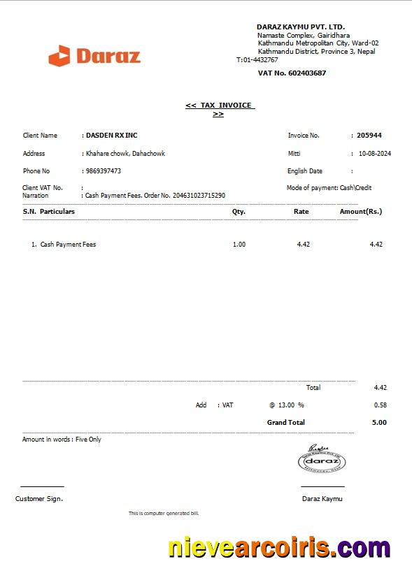 Premium NEPAL DARAZ Business Utility Bill Word And PDF Template