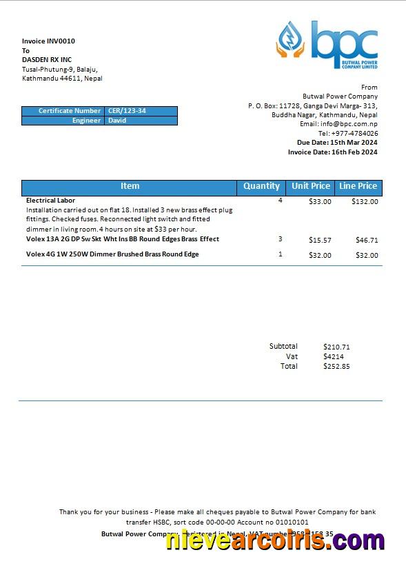 Premium Nepal Butwal Power Company Limited Electricity Business Utility Bill Template In Word And PDF Formats