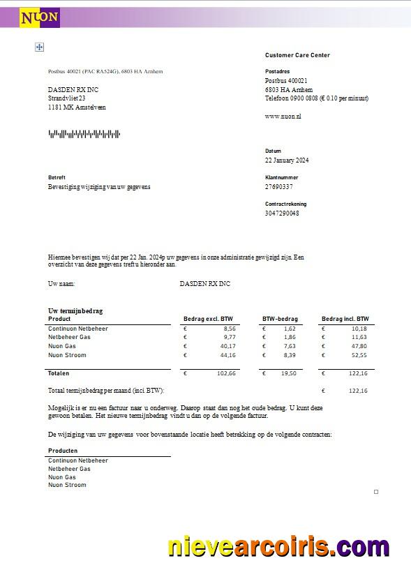 Editable Netherlands NUON Gas Business Utility Bill Template In Word And PDF Format In Dutch Language