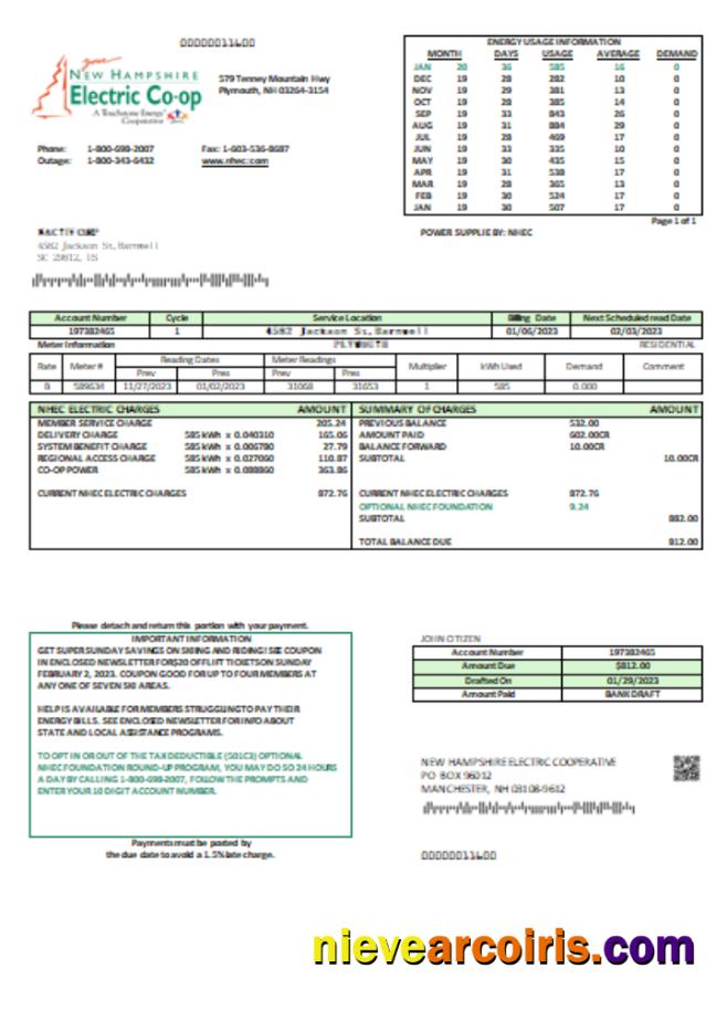 New Hampshire Electric Co Op Electricity Utility Business Bill, SCR Template
