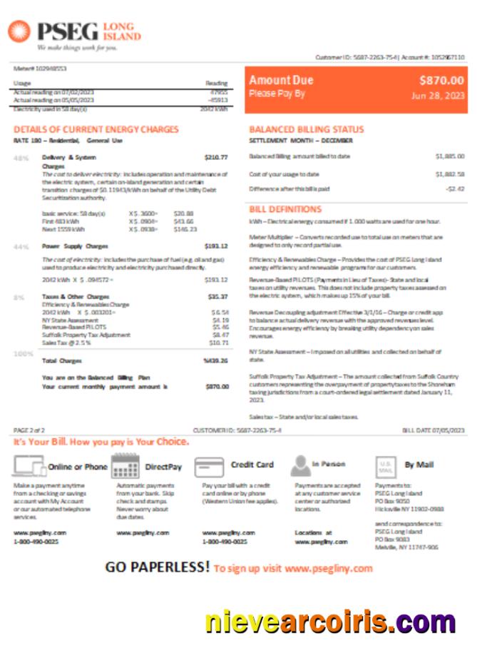 New Jersey PSEG Electricity Utility Bill, SCR, Page 2 Sample