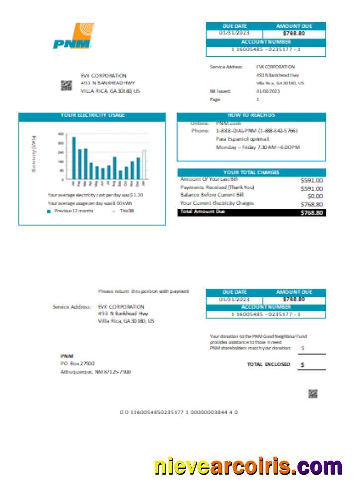 New Mexico PNM Easy Fillable Utility Business Bill, SCR Photolook