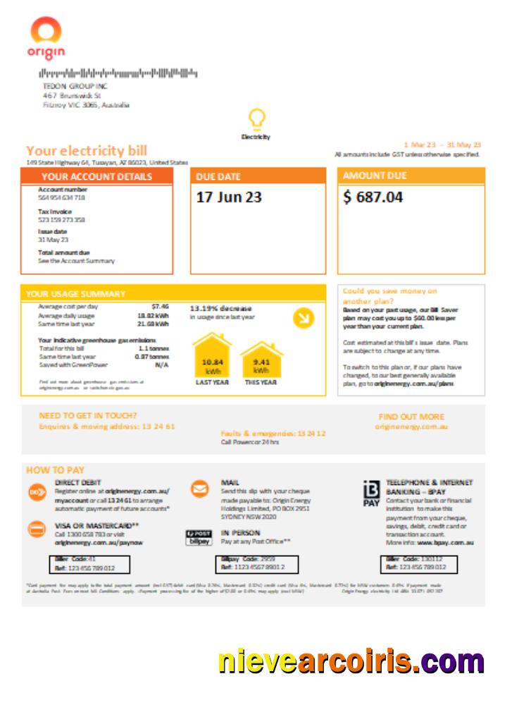 New South Wales (NSW) Origin Electricity Utility Business Bill, SCR, Page 1 Template