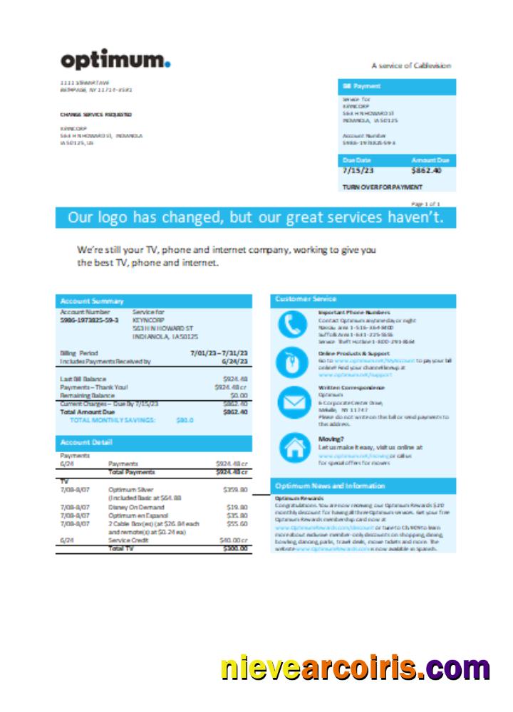 New York Optimum Cablevision Business Bill, SCR Template