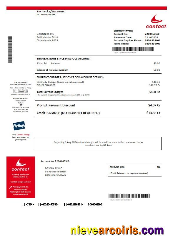 New Zealand Contact Energy Proof Of Energy Business Utility Bill In Word And PDF Formats Photolook