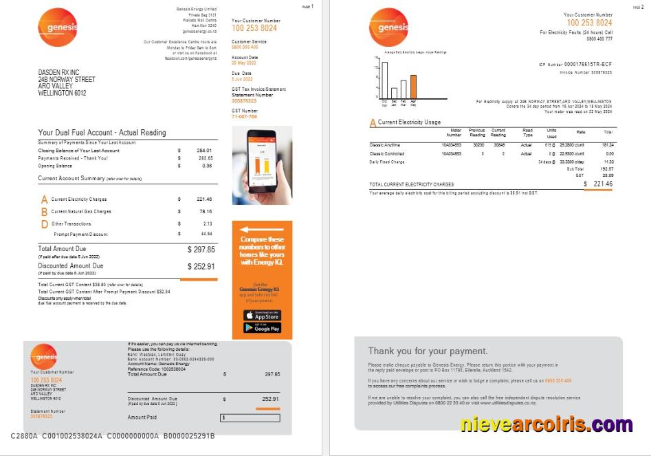 New Zealand Genesis Gas Utility Bill 1 2 Template