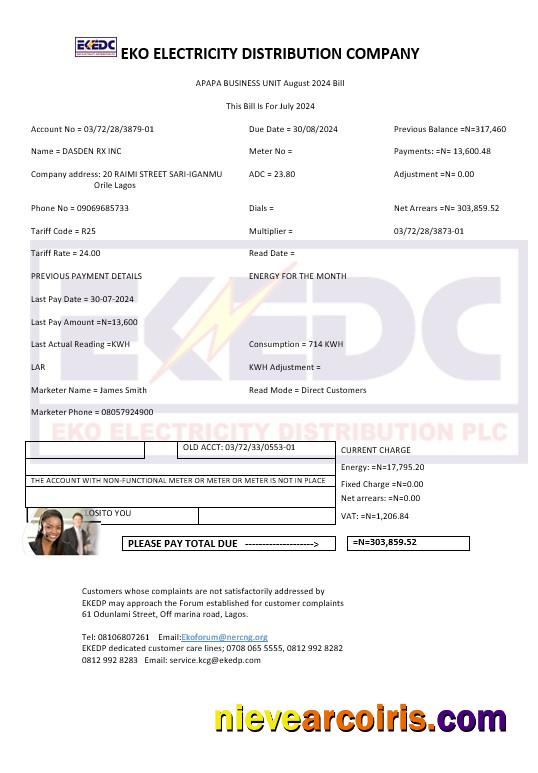 Editable Nigeria Eko Electricity Distribution Company (EKEDC) Business Utility Bill Template In Word And PDF Formats