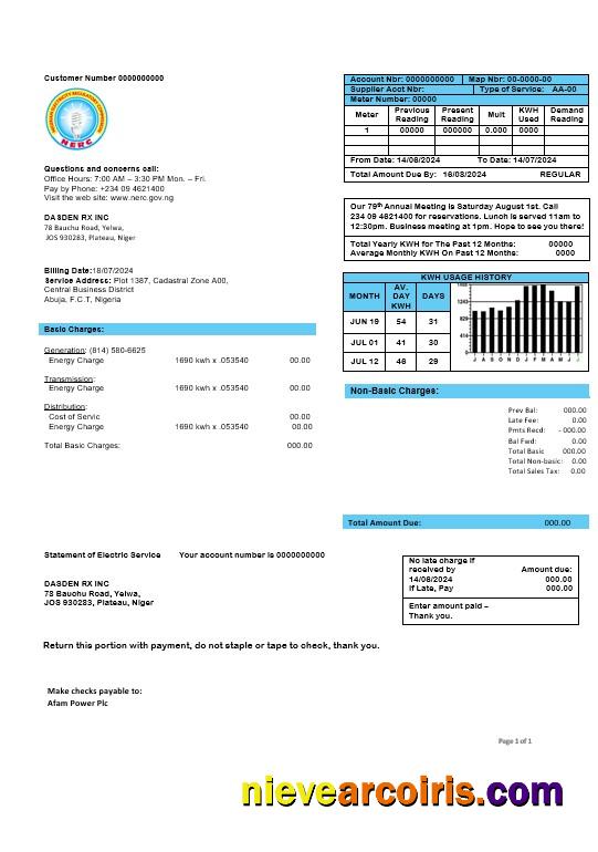 Professional Nigeria Nigerian Electricity Regulatory Commission Electricity Business Utility Bill Template In Word And PDF Formats