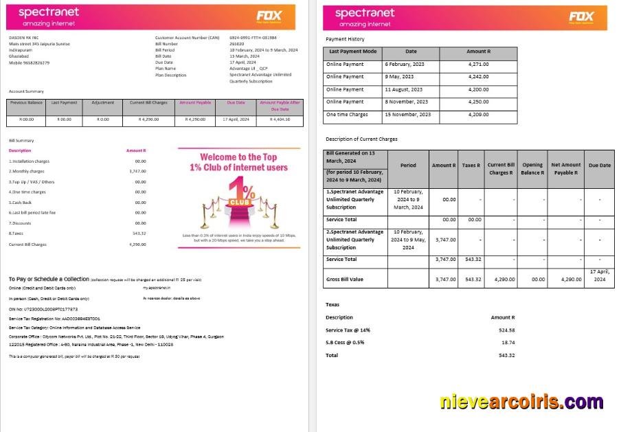 Nigeria Spectranet Amazing Internet Internet Business Utility Bill Word And PDF Formats 1 2 Pages Template