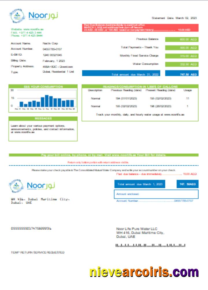 Noor Life Pure Water LLC Utility Business Bill, SCR Template