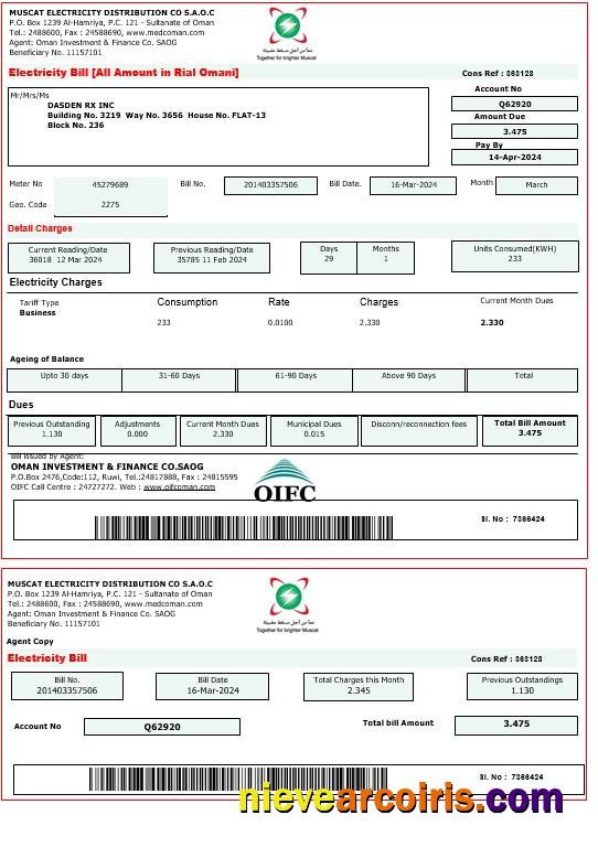 Premium OMAN MUSCAT ELECTRICITY Business Utility Bill Word And PDF Template