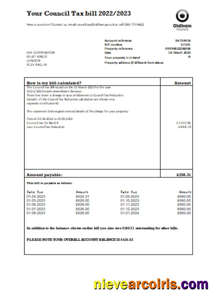 Oldham Council Tax Business Bill, SCR Sample