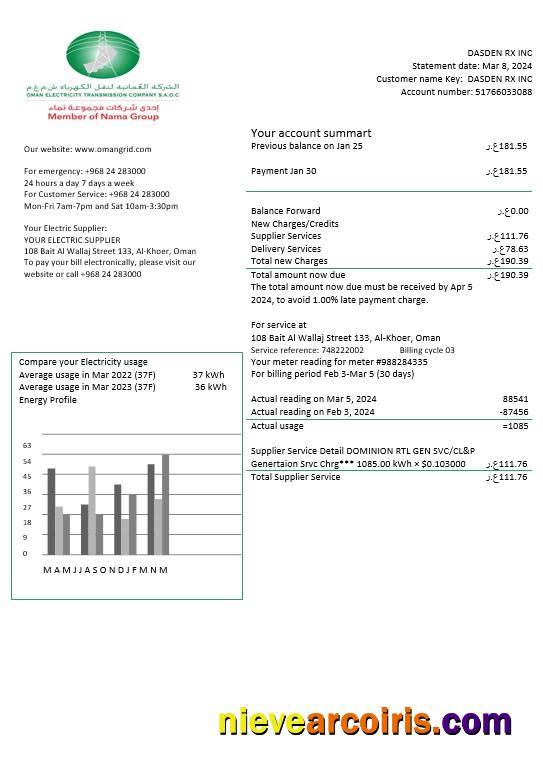 Editable Oman Electricity Transmission Company Electricity Business Utility Bill Template In Word And PDF Formats