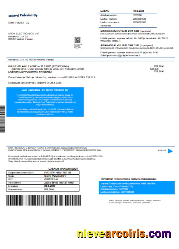 Oomi Palvelut Oy Electricity Utility Business Bill, SCR Template
