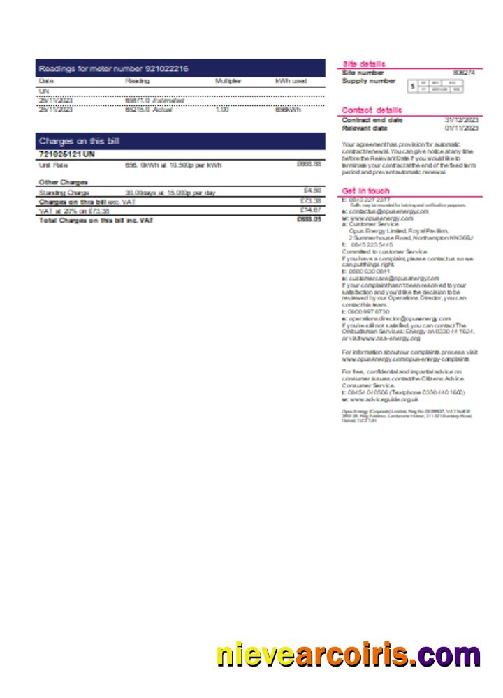 Opus Energy Electricity Utility Business Bill, Page 2, SCR Template