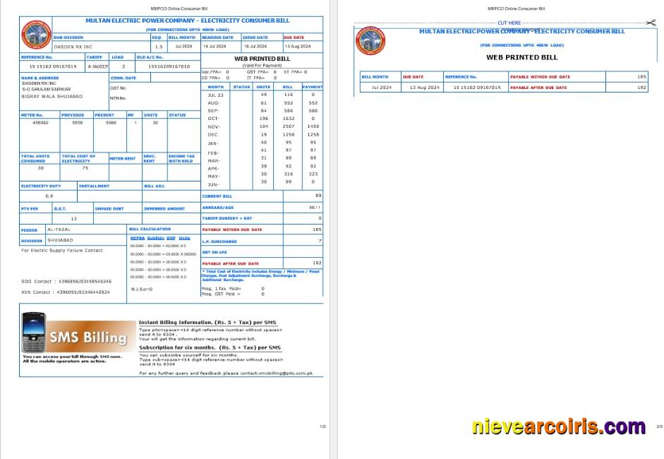 Premium PAKISTAN MULTAN ELECTRIC POWER Business Utility Bill Word And PDF Template