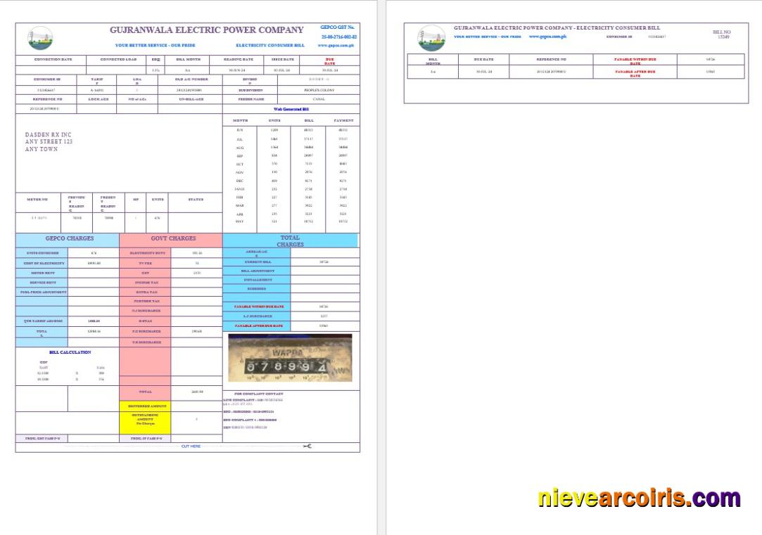 PAKISTAN GUJRANWALA ELECTRICPOWER Business Utility Bill Word And Photolook