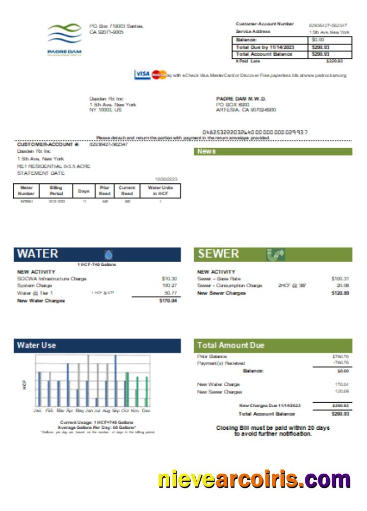 Padre Dam Municipal Water District Utility Business Bill, SCR Photolook