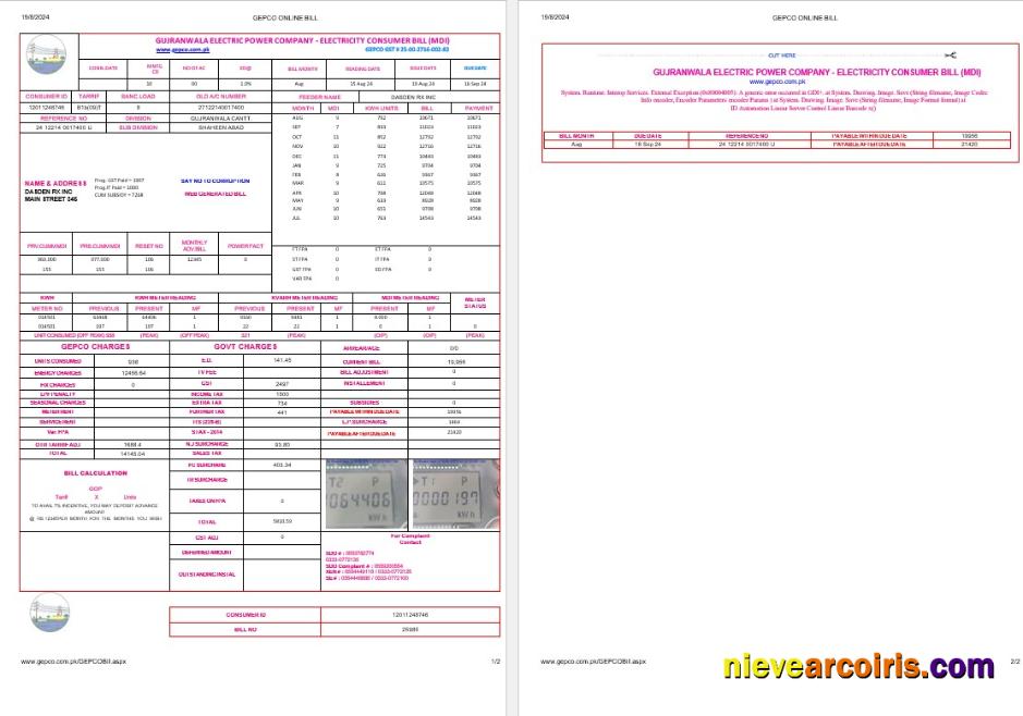 Pakistan Gujanwala Electric Power Company Electricity Business Utility Bill Word And PDF Formats, 2 Pages Template