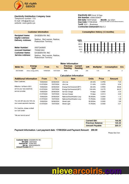 Realistic Palestine Electricity Distribution Company Gaza (GEDCO) Business Utility Bill Template In Word And PDF Formats