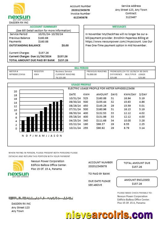 Professional Panama Nexsun Power Corporation Electricity Business Utility Bill Word And PDF Template