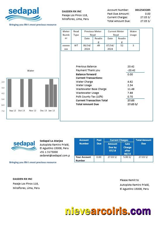 Premium Peru Sedapal La Atarjea Water Business Utility Bill Template In Word And PDF Formats