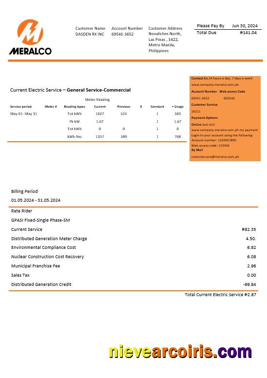 Premium Philippines Manila Electric Company (Meralco) Electricity Business Utility Bill Word And PDF Template