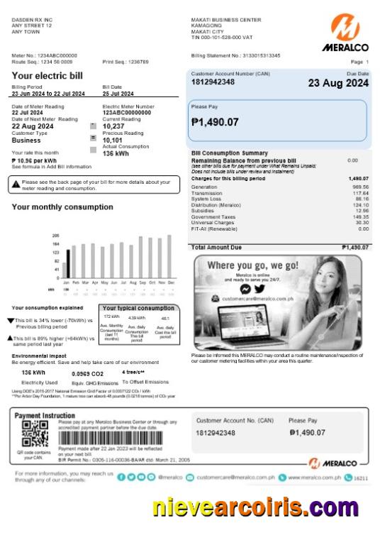 Editable Philippines Meralco Business Utility Bill Word And PDF Template