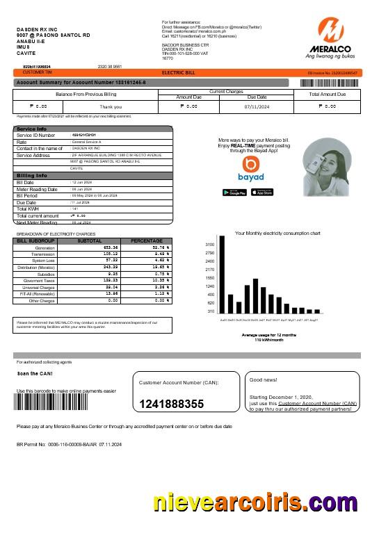 Realistic Philippines Meralco Electricity Business Utility Bill Template In Word And PDF Formats, Version 2