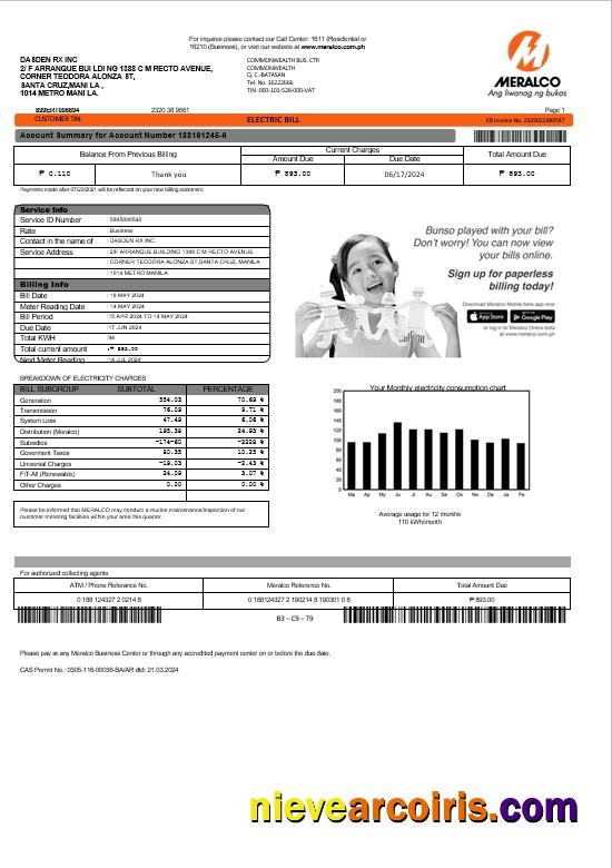 Editable Philippines Meralco Electricity Business Utility Bill Template In Word And PDF Formats