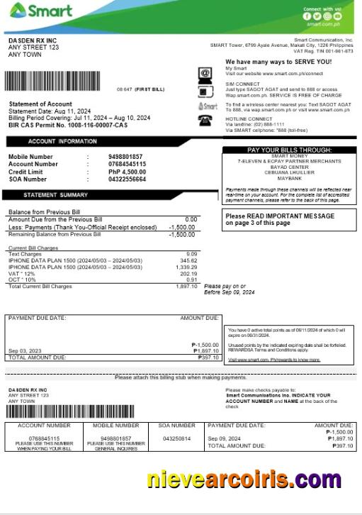 Premium Philippines Smart Business Utility Bill Word And PDF Template