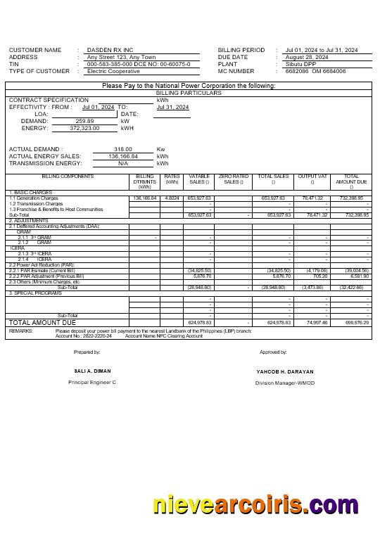 Professional Philippines Tawelco Business Utility Bill Word And PDF Template