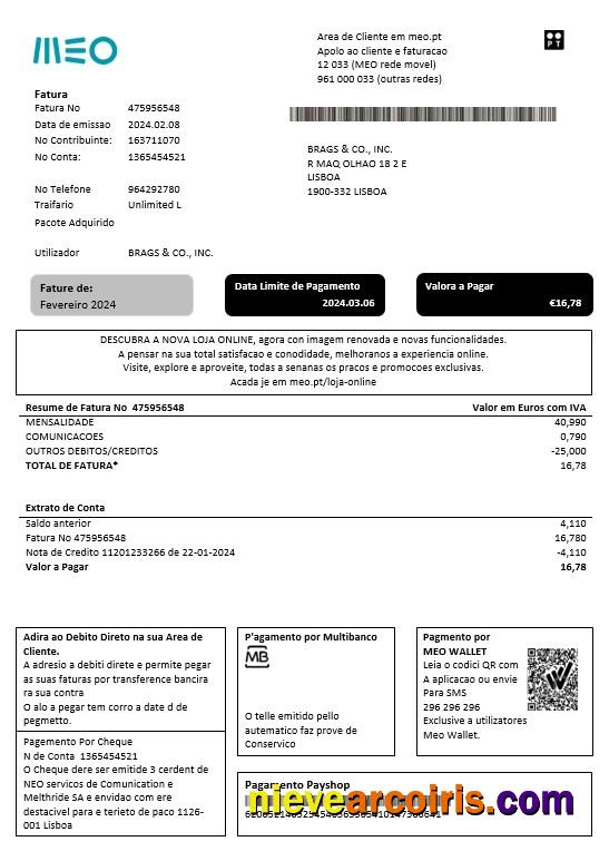 Professional Portugal MEO Business Utility Bill Template In Word And PDF Formats, Fully Editable
