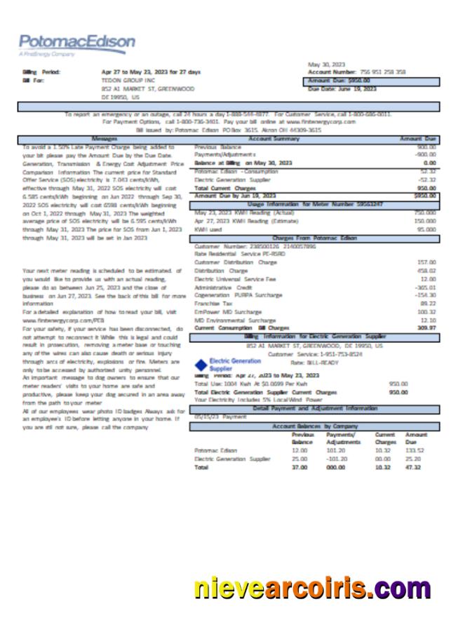 Potomac Edison Utility Business Bill, Page 1, SCR Template