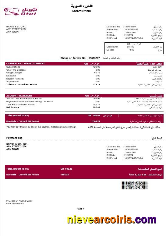 Editable QATAR QTEL Business Utility Bill Word And PDF Template