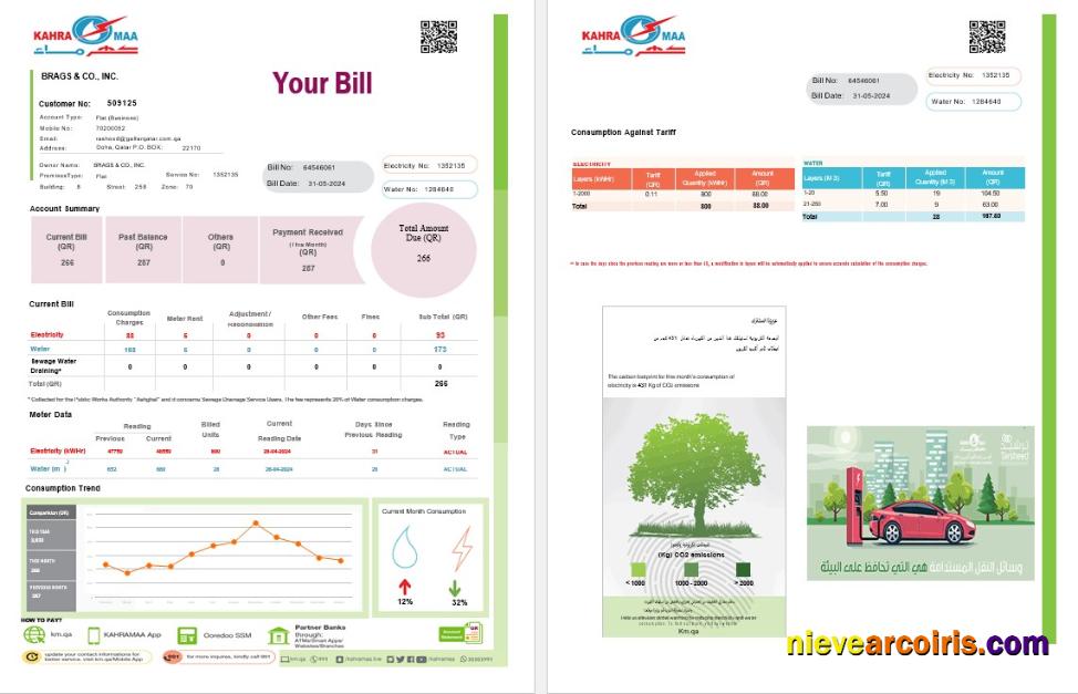Editable Qatar Kahra Maa Business Utility Bill Word And PDF Template, 2 Pages