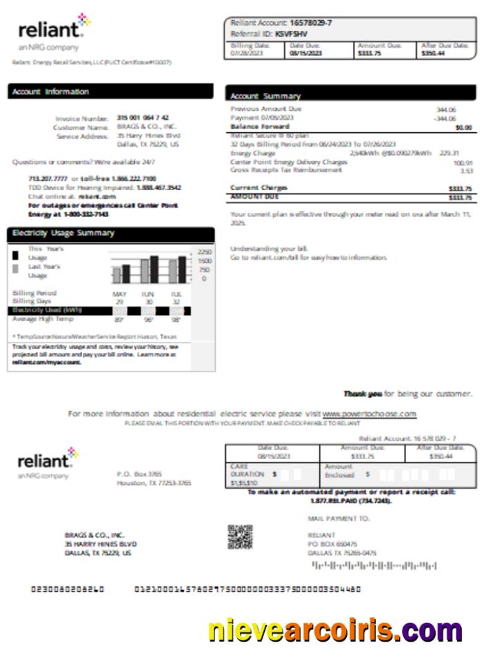 Reliant Energy Utility Business Bill, SCR Sample