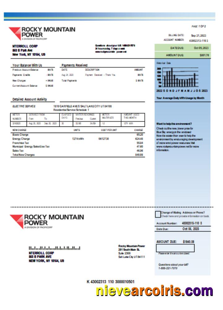 Rocky Mountain Power Electricity Utility Business Bill, SCR Sample