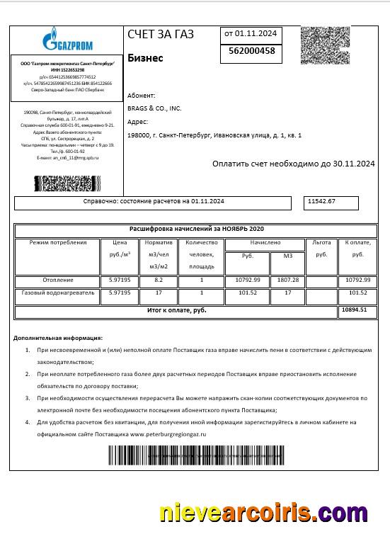Editable Russia Gazprom Business Utility Bill Template In Word And PDF Formats, Fully Editable