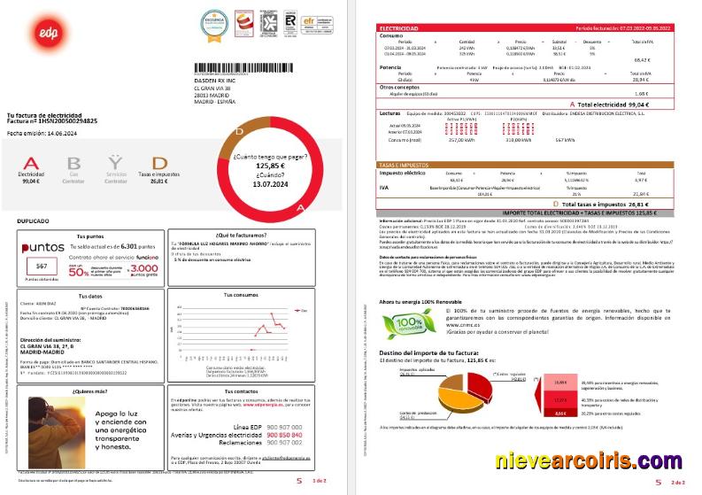 Realistic SPAIN EDP Business Utility Bill Template, Version 2
