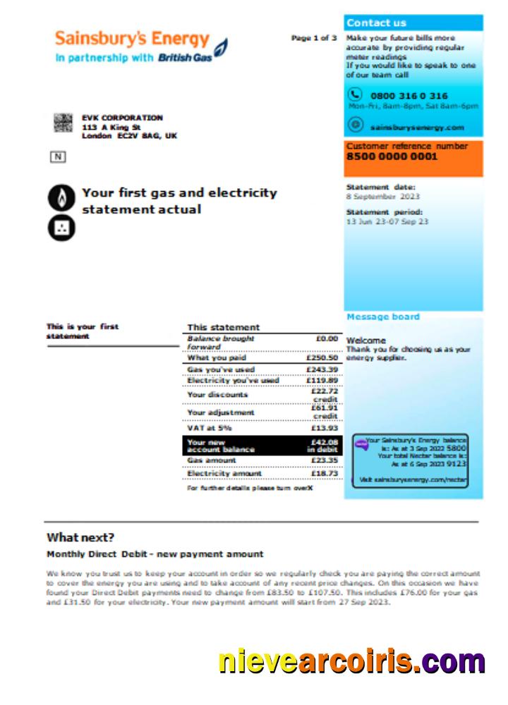 Sainsbury Energy (British Gas) Business Utility Bill, Page 1, SCR Sample