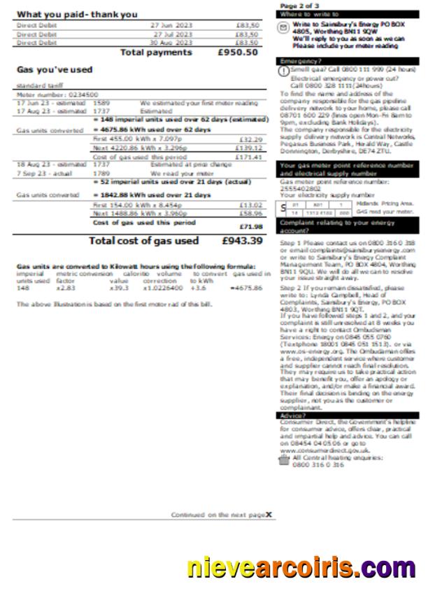 Sainsbury Energy (British Gas) Business Utility Bill, Page 2. SCR Preview
