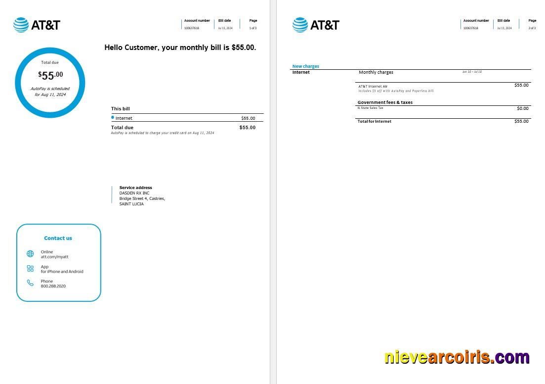Realistic Saint Lucia Internet Business Utility Bill Word And PDF Template, 3 Pages1