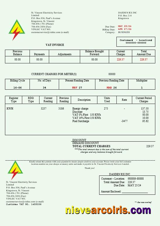 Realistic Saint Vincent And The Grenadines St. Vincent Electricity Services Limited Busienss Utility Bill Word And PDF Template