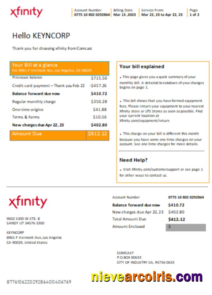 San Francisco Xfinity Comcast Utility Business Bill SCR Page 1 Photolook