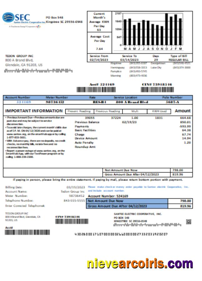 Santee Electric Cooperative Inc (SEC) Proof Of Address Utility Business Bill, SCR Photolook