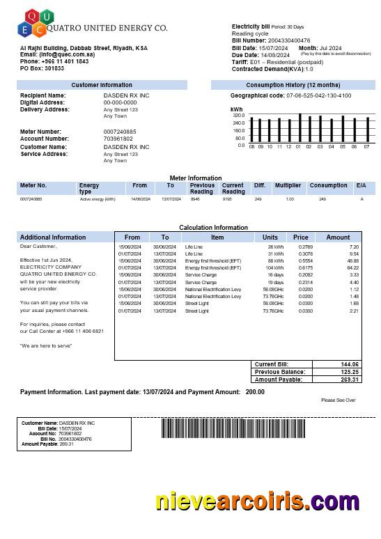 Editable Saudi Arabia Quatro United Energy Co. Business Utility Bill, Word And PDF Template